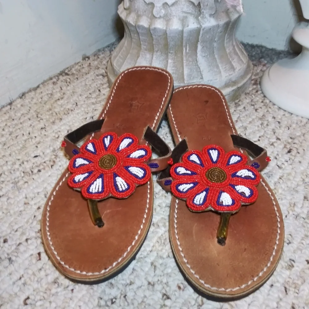 Boho Handmade Red, White, Blue & Gold Beaded Flower Thong Sandals - Picture 9 of 9